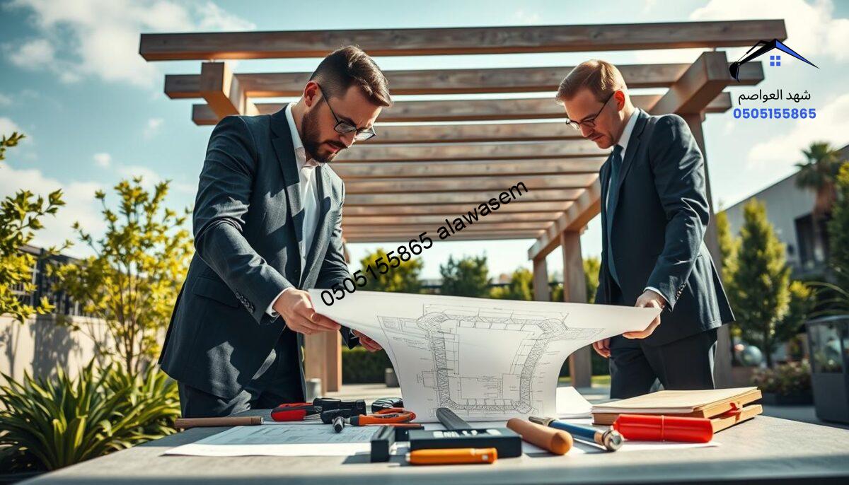 A dynamic team of skilled technicians, dressed in smart business attire, collaborating around a modern outdoor pergola. In the foreground, focus on two professionals inspecting the structure's design and materials, with tools and blueprints spread out on a table. In the middle ground, showcase a beautifully designed pergola that integrates innovative features, surrounded by greenery. In the background, a sunny sky enhances the scene, emphasizing a bright, inviting atmosphere. Soft natural lighting creates highlights on the pergola's details, while shadows add depth to the team's engagement. The overall mood is productive and professional, showcasing teamwork and creativity in developing new pergola designs.