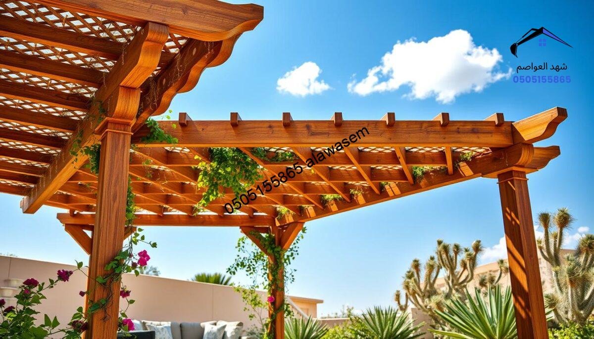 A high-quality, durable outdoor pergola in a sunny Riyadh garden setting, illustrating the focus on quality and resilience. In the foreground, the pergola is made of rich, weather-resistant wood with intricate latticework, integrated with climbing vines and vibrant flowers. The middle ground showcases comfortable outdoor furniture underneath the pergola, inviting relaxation. The background features a clear blue sky with a few fluffy white clouds and distinct desert flora typical to Riyadh, enhancing the atmosphere. The scene is illuminated by warm, natural sunlight, casting soft shadows that highlight the textures of the wood and greenery. Capture the essence of strength and beauty in this serene outdoor space, with a lens that emphasizes depth and clarity, conveying a mood of tranquility and sophistication.