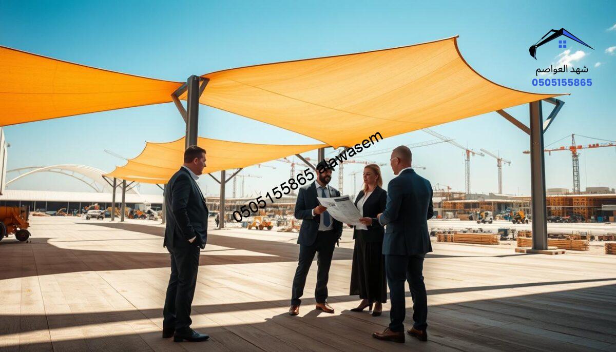 A large, modern industrial workspace featuring "شركة مظلات سواتر شهد العواصم" prominently displayed on a custom-designed shade structure in the foreground. The structure is elegantly designed, showcasing various canopy options in bright colors, with sunlight filtering through the fabric, casting intricate shadows on the ground. In the middle ground, professionals in smart business attire evaluate and discuss blueprints for new hangars and storage facilities, giving a sense of collaboration and planning. The background features a wide-angle view of a construction site bustling with activity, including cranes and other equipment under a clear blue sky. The mood is professional and optimistic, conveying efficiency and innovation in outdoor construction solutions.