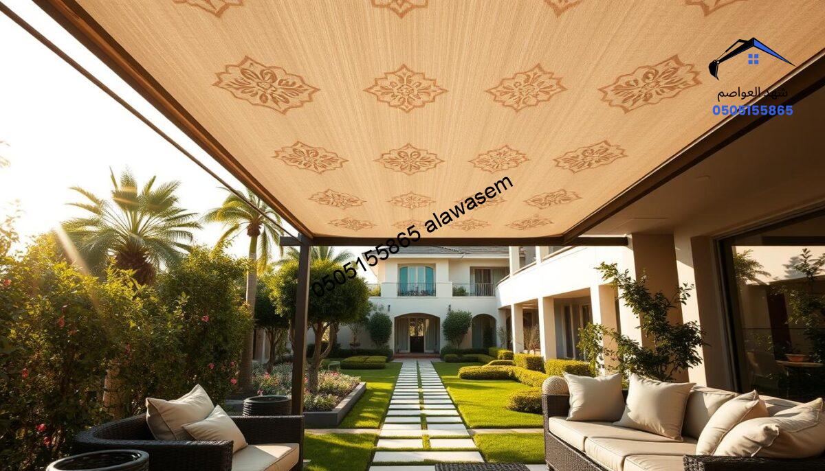 A luxurious villa backyard featuring elegant PVC shade structures, designed to provide optimal sun protection. In the foreground, a stylish canopy with intricate patterns stretches over an outdoor seating area, adorned with plush cushions. The middle ground showcases a well-manicured garden with a pathway leading to the villa, framed by lush greenery and blooming flowers. The background reveals the villa's modern architecture, blending seamlessly with the shade structures. Soft golden sunlight filters through the canopies, casting gentle shadows and creating a warm, inviting atmosphere. The scene is captured from a low angle to emphasize the height and elegance of the shade designs, conveying a sense of tranquility and sophistication. The overall mood is serene and luxurious, ideal for outdoor relaxation.