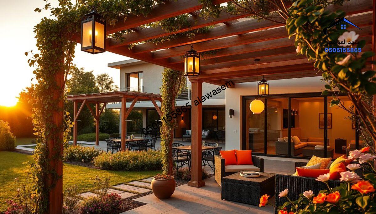 A luxurious villa backyard featuring elegant pergolas elegantly integrated into the landscape. In the foreground, showcase a beautifully designed wooden pergola with climbing vines and hanging lanterns casting soft warm light. The middle ground includes a cozy outdoor seating area with stylish furniture and vibrant cushions, inviting relaxation. Surrounding the scene, lush greenery and blooming flowers create a serene atmosphere. In the background, a modern villa with large glass windows reflects the sunset, enhancing the ambience. The image captures golden hour lighting, with soft shadows and a warm glow. The overall mood is tranquil and sophisticated, showcasing the functional and aesthetic appeal of pergolas in villa settings.