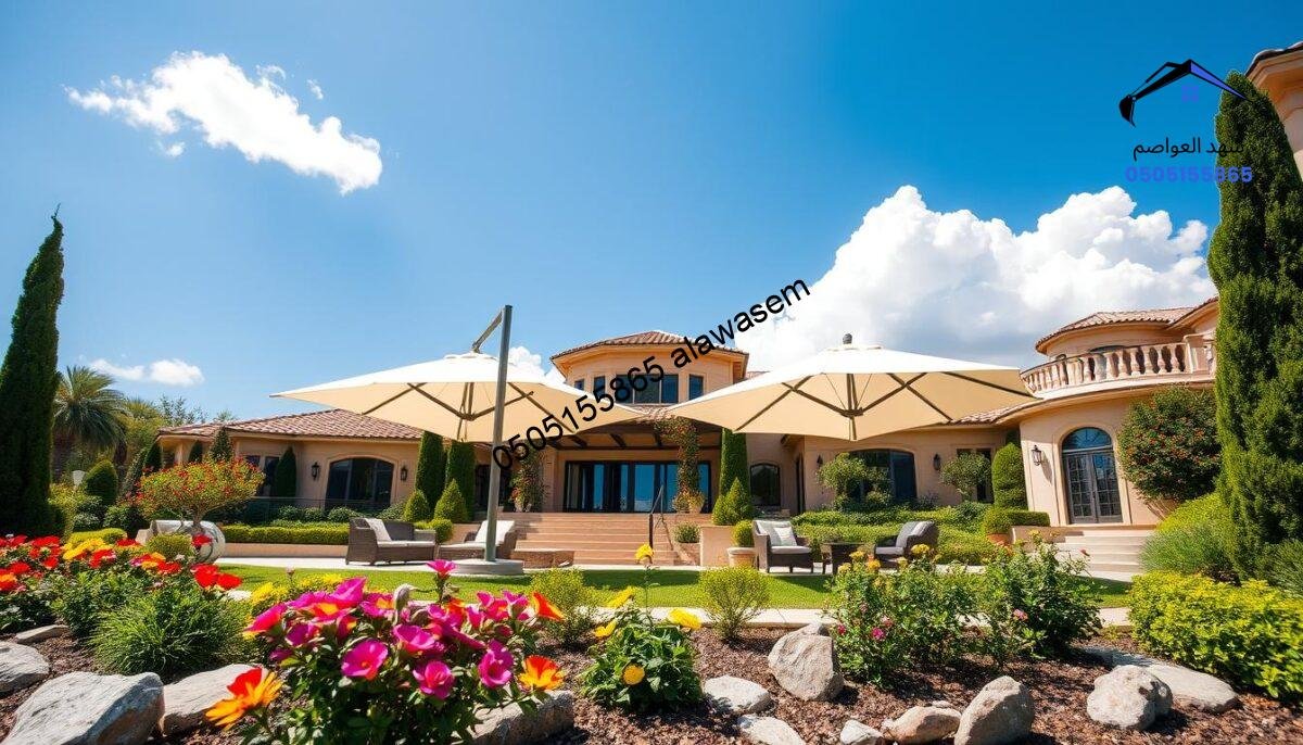 A luxurious villa with elegant x-frame canopies providing shade in an outdoor patio area. The foreground features a beautifully manicured garden with vibrant flowers and decorative stones. In the middle ground, the stylish x-frame umbrellas are open, creating a welcoming atmosphere with soft fabric gently swaying in the breeze. The background showcases a clear blue sky with a few fluffy clouds, hinting at a warm, sunny day. The lighting is bright and natural, casting soft shadows that enhance the textures of the villa's architecture and the surrounding landscape. The scene conveys tranquility and sophistication, perfect for showcasing the service of installing shade canopies for villas.