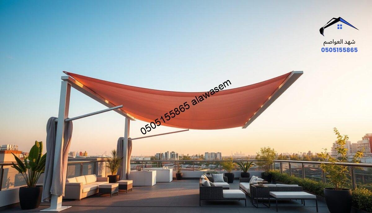 A modern and elegant outdoor canopy design, showcasing a streamlined and innovative structure that provides shade and style. In the foreground, a beautifully crafted, minimalistic canopy with sleek lines and a vibrant color scheme; its fabric gently billows in a soft breeze. In the middle ground, a spacious rooftop terrace adorned with stylish outdoor furniture, potted plants, and minimalist decor, inviting relaxation and leisure. The background features a clear blue sky and hints of greenery, suggesting a serene urban environment. Capture this scene during the golden hour, with warm, soft lighting enhancing the colors and casting gentle shadows. Aim for a professional, sophisticated atmosphere that emphasizes contemporary design and comfort, perfect for outdoor gatherings. Ensure no text, branding, or distracting elements are present.