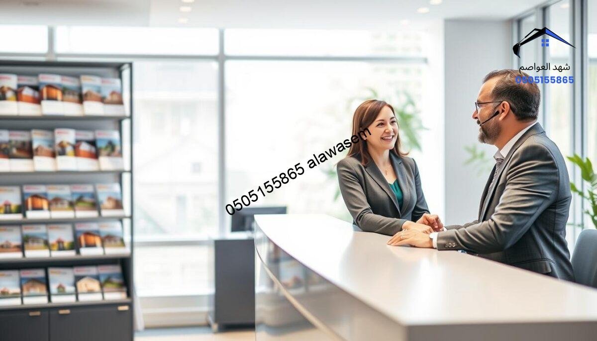 A modern and professional customer service scene illustrating "خدمة العملاء والدعم." In the foreground, a friendly customer service representative, wearing a smart business outfit, is engaged in a supportive conversation with a satisfied customer at a sleek reception desk. The middle ground features an organized office space with shelves filled with brochures about various types of fences, showcasing visual aids of installation processes. The background includes large windows allowing natural light to flood the room, creating a bright and welcoming atmosphere. Soft, diffused lighting highlights the professionalism and warmth in the scene, while a slight depth of field focuses on the interaction between the representative and the customer, conveying a mood of trust and reliability.