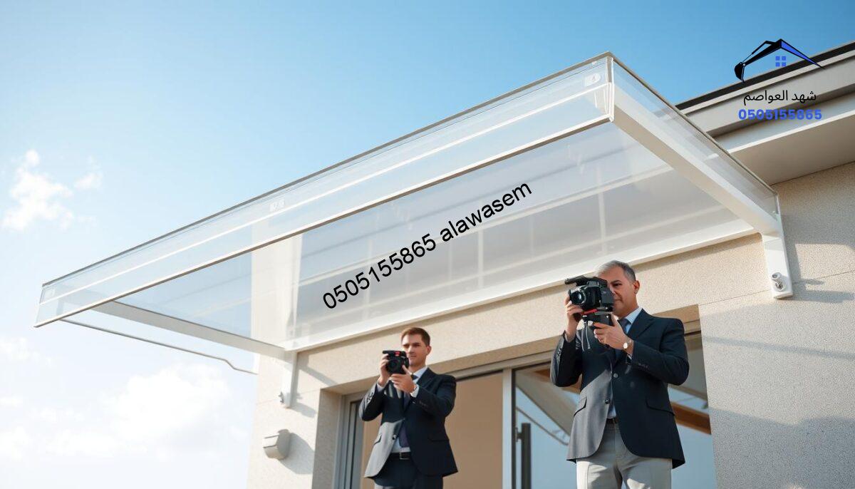 A modern and sleek plastic home awning design focusing on quality assurance. In the foreground, a well-crafted, transparent plastic awning arches over a doorway, showcasing its durability and aesthetic appeal. In the middle ground, a quality control team, dressed in professional business attire, inspects the awning using advanced equipment to ensure compliance with safety standards. The background features a bright, sunny day with a clear blue sky, casting soft, natural light on the scene. The atmosphere is one of professionalism and trust, highlighting the importance of quality in home improvement products. This image should evoke a sense of reliability and innovation in material design without any text or logos.