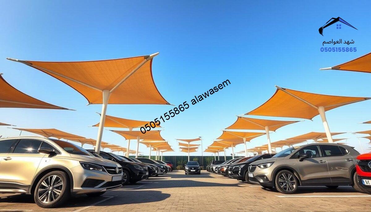 A modern car park with multiple stylish car shades (مظلات سيارات) designed to provide shelter from the sun. In the foreground, showcase sleek vehicles parked under the shades, emphasizing their protection and elegance. In the middle, display a variety of colorful car shades made from high-quality materials, artistically arranged in a contemporary design. The background features a clear blue sky, highlighting the sunny atmosphere of Riyadh. The lighting should be bright and inviting, casting soft shadows beneath the shades. The perspective should be slightly elevated to capture the layout of the parking area and the car shades' architecture. Aim for a professional and clean aesthetic that reflects innovation and excellence in design.