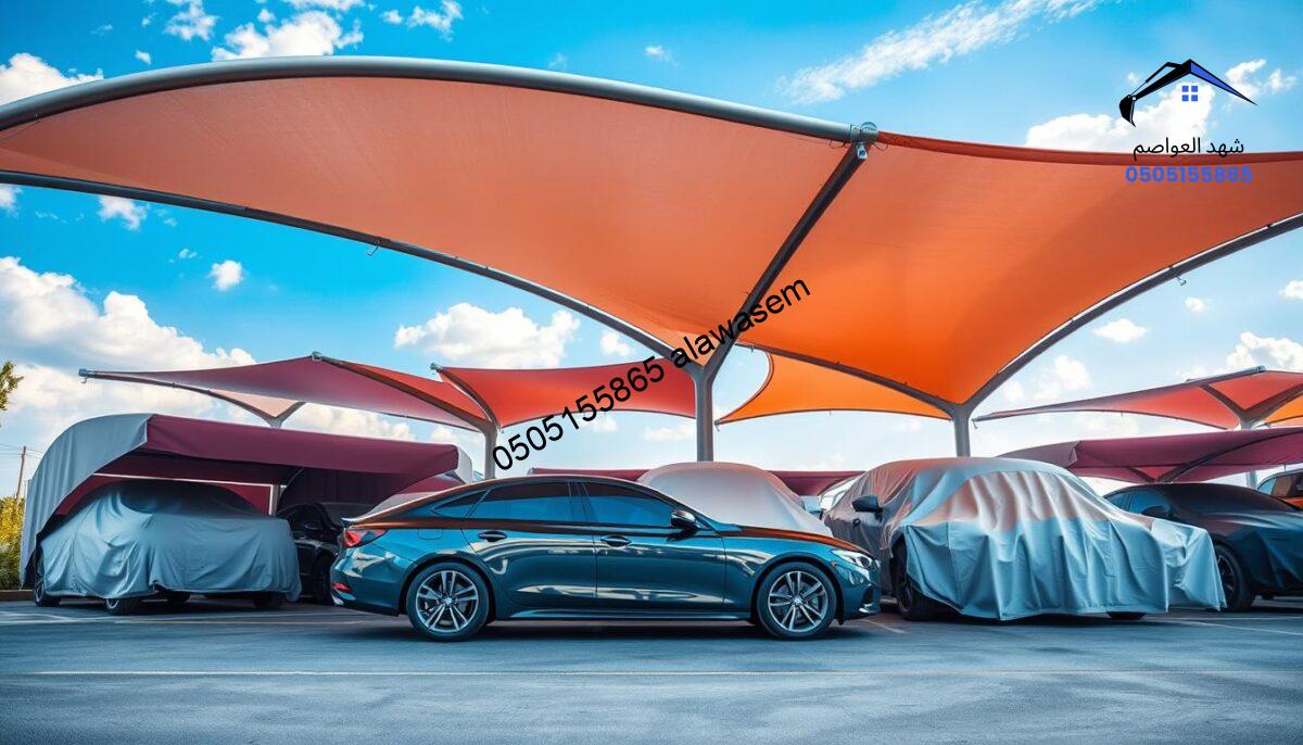 A modern car parking area featuring durable car canopies designed to protect vehicles from environmental factors like harsh sun, rain, and falling debris. In the foreground, showcase a sleek sedan parked beneath a spacious, arching canopy made of robust materials, reflecting vibrant colors. The middle ground includes several more vehicles, all shielded by varying styles of car covers, emphasizing their protective features. The background features a clear blue sky with soft clouds, casting natural light that enhances the scene. This image conveys a sense of security and peace of mind, illustrating an effective solution for vehicle protection. The atmosphere is calm and professional, capturing the tranquility of a well-maintained parking space.