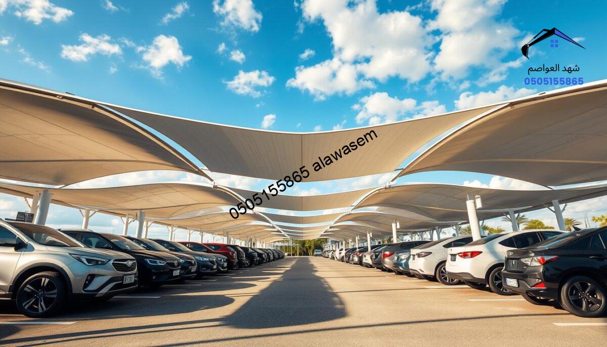 A modern car parking shade design, featuring sleek, geometric structures that elegantly arch over multiple parked cars. The foreground shows neatly parked vehicles, with the shades casting interesting shadows on the ground. In the middle ground, the contemporary shades are made from high-quality, lightweight materials, with a polished finish that reflects sunlight. The background features a blue sky with scattered clouds, adding a vibrant backdrop. The setting should evoke a clean, organized atmosphere, showcasing efficiency and style. Soft natural lighting enhances the overall aesthetic, with a wide-angle view that captures the scale and beauty of the modern design. Focus on a realistic depiction, suitable for a professional context.