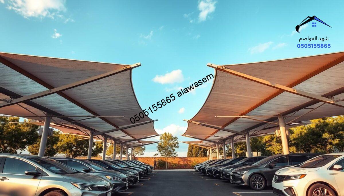 A modern car parking shade design showcasing elegantly structured canopies. In the foreground, several sleek cars are parked beneath spacious, architecturally inspiring shades made of a mix of metal and fabric, providing optimal protection against the sun. The middle ground features the alluring shapes of the shades with clean lines and vibrant colors that contrast with the natural surroundings. In the background, a clear blue sky with soft clouds enhances the visual atmosphere. The scene is bathed in warm, natural light, emphasizing the textures of the materials. The angle is slightly elevated, capturing an overview of the parking lot. The mood is professional and inviting, highlighting innovative design elements suitable for urban spaces, devoid of human figures or text elements.