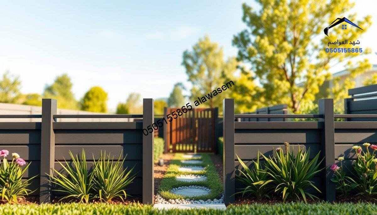 A modern garden fence design, showcasing a sleek, minimalist aesthetic. In the foreground, sharp lines of the fence create a stylish barrier, crafted from weather-resistant materials, blending seamlessly with vibrant green plants and colorful flowers. In the middle, an elegant wooden or metal gate opens to a beautifully manicured garden, featuring pathways of stone pebbles that lead to various sections of the landscape. The background captures a serene setting with soft-focus trees under a clear blue sky, allowing natural light to illuminate the scene with a warm, inviting glow. The mood is peaceful and contemporary, emphasizing the harmony between the fence and the garden design, inspiring a sense of security and aesthetic appeal.