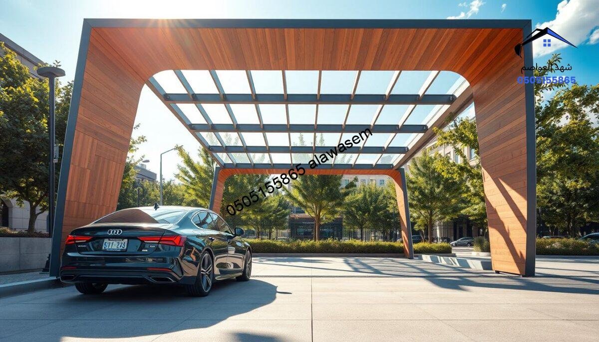 A modern, innovative car canopy design featuring sleek lines and contemporary materials. In the foreground, a stylish car parks underneath a uniquely shaped, geometric shelter, showcasing its functionality and aesthetic appeal. The middle ground highlights the car canopy's elegant structure, which utilizes a blend of wood and metal, with transparent elements to allow for natural light. In the background, a vibrant urban setting with green trees and blue skies enhances the visual charm. Soft, warm sunlight bathes the scene, creating a welcoming atmosphere. The angle captures the canopy from a slightly elevated perspective, emphasizing its striking design. No people are present, ensuring the focus remains on the modern car canopy itself.
