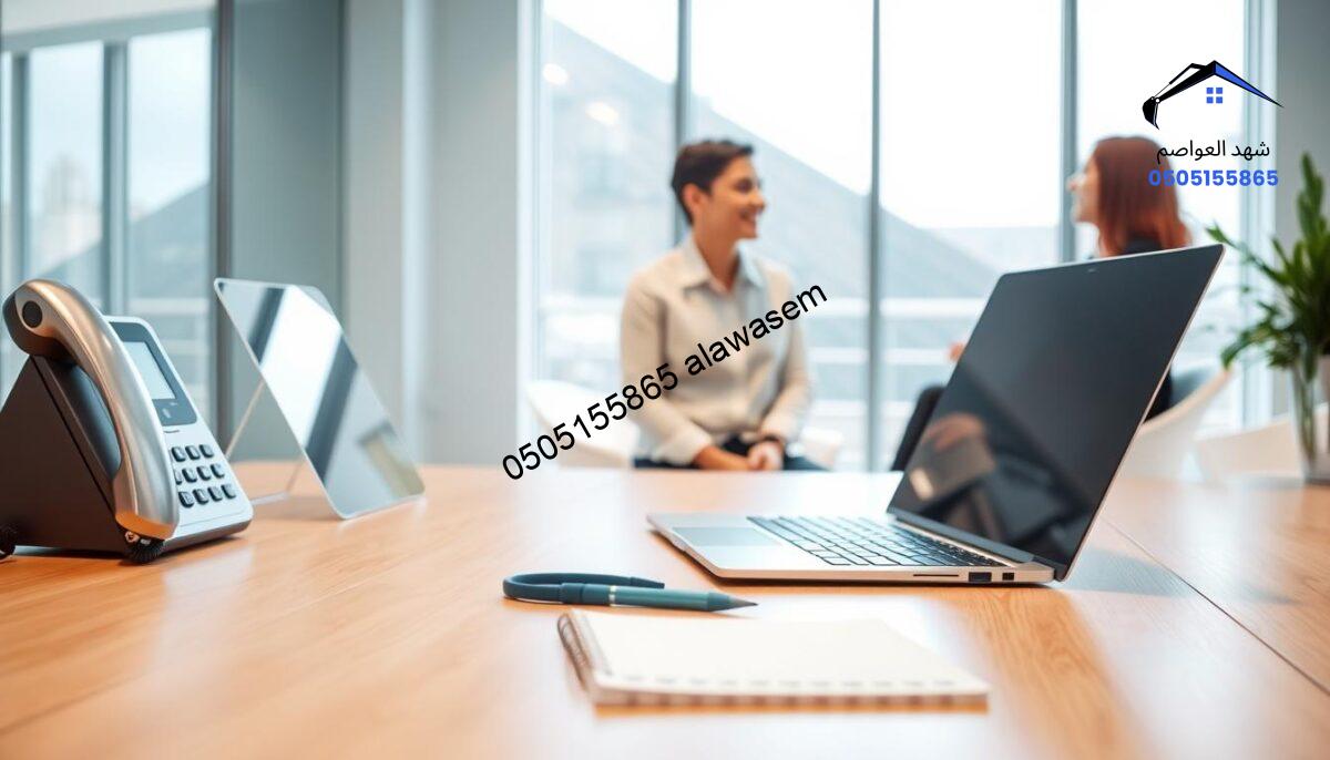 A modern office setting depicting a professional consultation space. In the foreground, a sleek desk is equipped with a high-tech laptop and a designer notepad, symbolizing communication. To the left, a stylish phone with a shiny finish rests on the desk, hinting at the theme of "Contact Us." In the middle ground, a friendly business professional in smart casual attire engages in a conversation with a client, both smiling and appearing approachable. The background features a large window with natural light streaming in, casting soft shadows and creating a warm atmosphere. The color palette is inviting, using soft blues and whites to convey professionalism and trust. The image should capture a sense of connection and readiness to assist customers seeking services.
