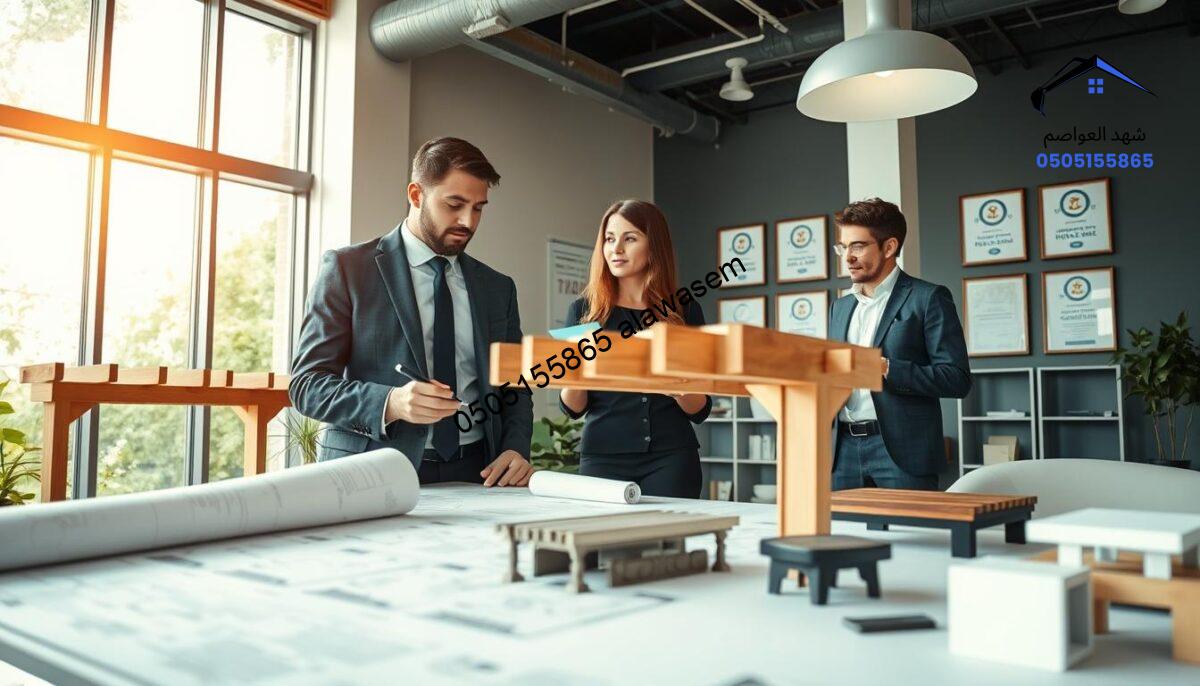 A modern office workspace showcasing a variety of new pergola designs, symbolizing quality assurance in products. In the foreground, a well-organized display table features detailed blueprints and high-quality samples of pergolas made of wood and aluminum, emphasizing craftsmanship. In the middle, a professional wearing smart business attire is examining a pergola model with a focused expression, while a colleague stands nearby taking notes. The background reveals a large window with natural light pouring in, illuminating certificates of quality assurance displayed on the wall. The atmosphere is bright and optimistic, reflecting confidence in product integrity and innovation, with a clean and contemporary style throughout the scene. The camera angle captures a dynamic view of collaboration and professionalism.