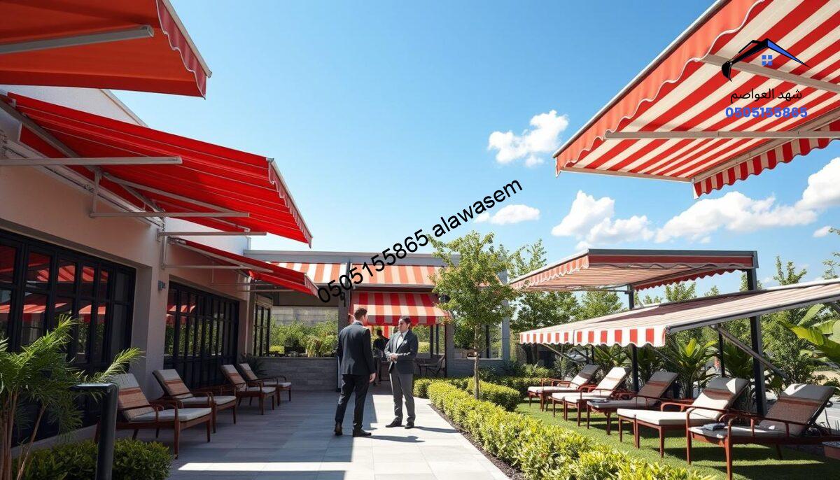 A modern outdoor scene featuring a variety of PVC awnings and canopies branded with the logo of "شركة مظلات سواتر شهد العواصم." In the foreground, showcase a range of colorful and stylish PVC awnings in different shapes—some triangular, others rectangular—spread across a beautifully landscaped patio. In the middle ground, include people in professional business attire admiring the awnings, discussing their features under bright sunlight. The background should depict a clear blue sky and a few light clouds, adding to the cheerful atmosphere. Use soft, natural lighting to enhance the vivid colors of the awnings while creating a welcoming and serene mood. The angle should be slightly elevated to capture the full display of the awnings and the engaging scene below.