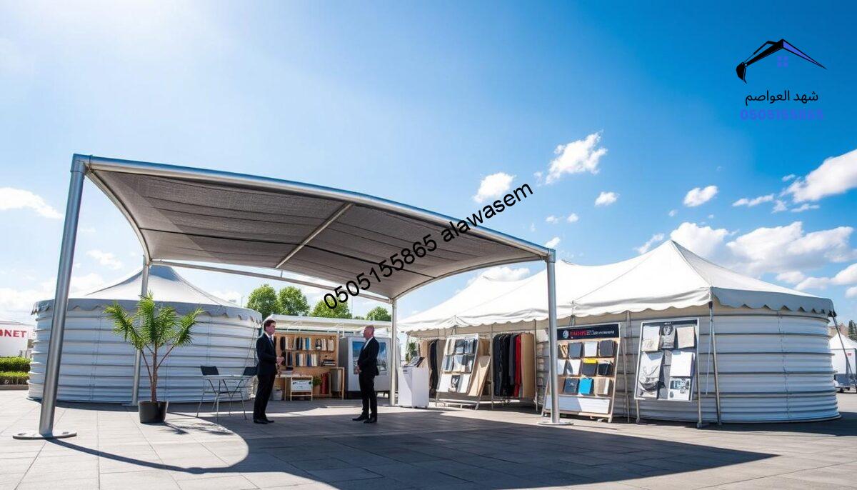 A modern outdoor setting showcasing a variety of innovative tent structures designed for tank protection against sunlight. In the foreground, prominently display a sleek, stylishly designed shade structure that highlights its features, such as UV resistance and durability. In the middle, incorporate a well-organized service area with professional staff in business attire explaining the benefits to potential clients, surrounded by samples of materials and design choices. In the background, a bright blue sky with minimal clouds illuminates the scene, creating a positive, inviting atmosphere. Use soft, natural lighting to enhance the textures of the materials and the professional demeanor of the staff, while capturing the essence of quality services offered in this industry.