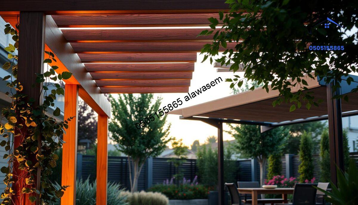 A modern outdoor space showcasing various new pergola designs elegantly arranged in a residential garden setting. In the foreground, a sleek, contemporary wooden pergola with climbing vines and soft, ambient lighting casts a warm glow. The middle ground features a stylish metal pergola featuring retractable fabric shades, ideal for sunny days. The background includes a lush garden with colorful flowers, adding a vibrant touch. The lighting is soft and warm, resembling a golden hour ambiance, emphasizing the serene atmosphere. The angle is slightly elevated, providing a comprehensive view of the arrangement and highlighting the elegance of the pergolas without any distractions. The overall mood is inviting and peaceful, emphasizing outdoor living.