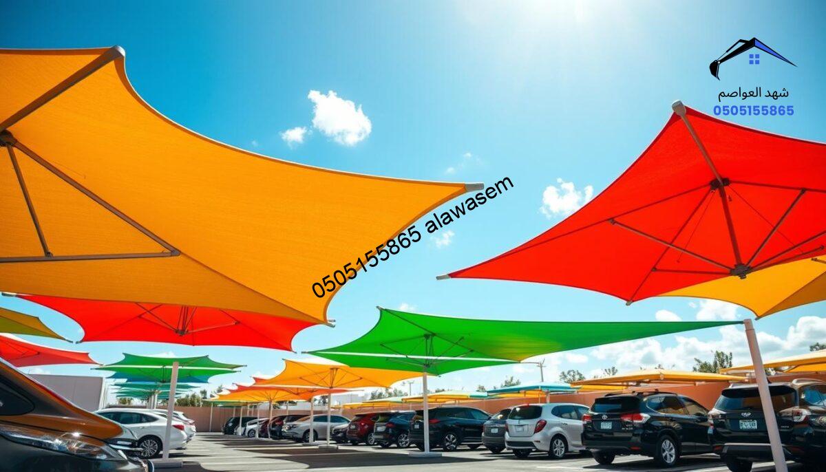A modern parking lot featuring several vibrant and competitively priced car shades, showcasing a variety of colors and designs. In the foreground, a close-up view of sleek, sturdy umbrellas designed for outdoor parking, with sunlight filtering through, creating playful shadows. The middle ground displays multiple shaded parking spots filled with cars, emphasizing the functionality and style of the shades. In the background, a clear blue sky with a few fluffy clouds enhances the scene, highlighting a sunny day. The atmosphere is bright and inviting, capturing the essence of affordability and utility, with natural light illuminating the details of the car shades. The image is composed with a slight upward angle to emphasize the height and shading effect of the umbrellas, ensuring a professional and commercial vibe.