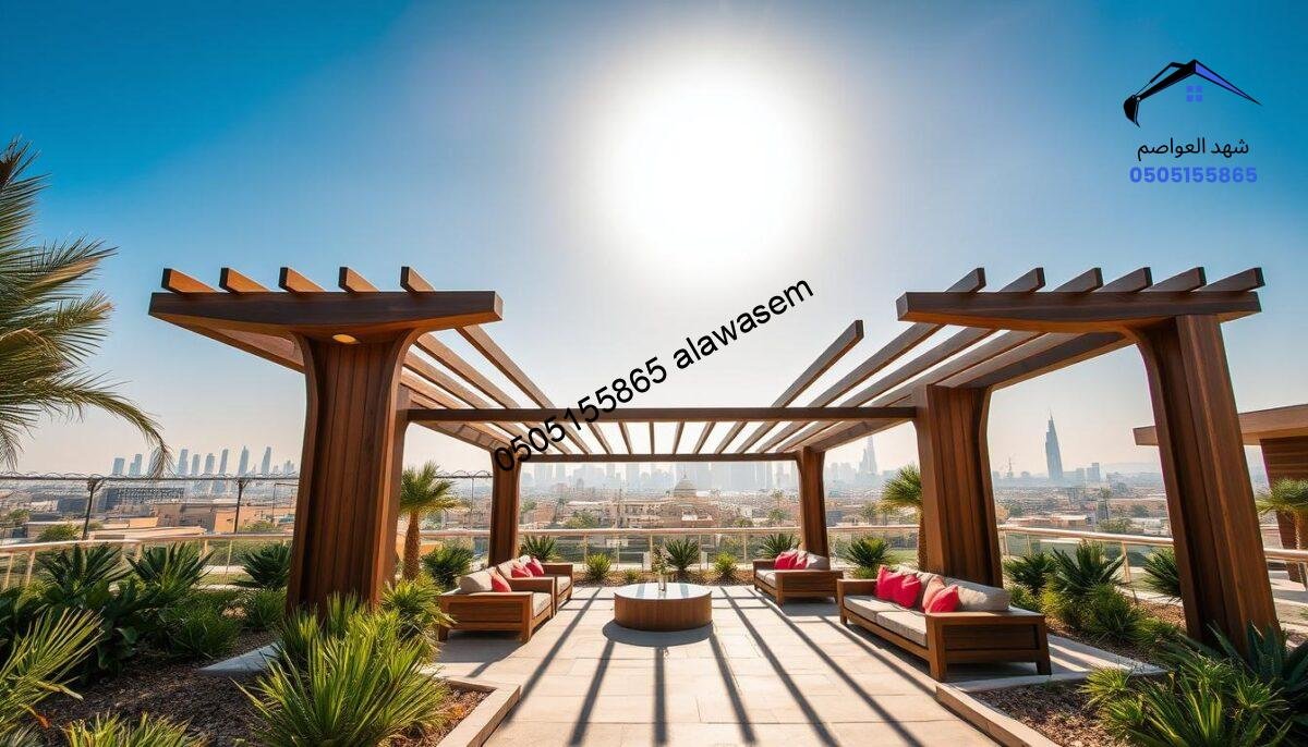 A modern pergola design in Riyadh, showcasing sleek lines and contemporary materials. In the foreground, a stylish wooden structure with a curved roof and integrated lighting, surrounded by lush greenery and desert plants. The middle ground features comfortable outdoor seating arrangements adorned with vibrant cushions, perfect for enjoying the outdoor space. The background reveals a stunning view of Riyadh's skyline under a clear blue sky, with warm sunlight casting gentle shadows. Emphasize a serene and inviting atmosphere, ideal for relaxation. Use a wide-angle lens to capture the expanse of the area and highlight the connection between nature and modern architecture.