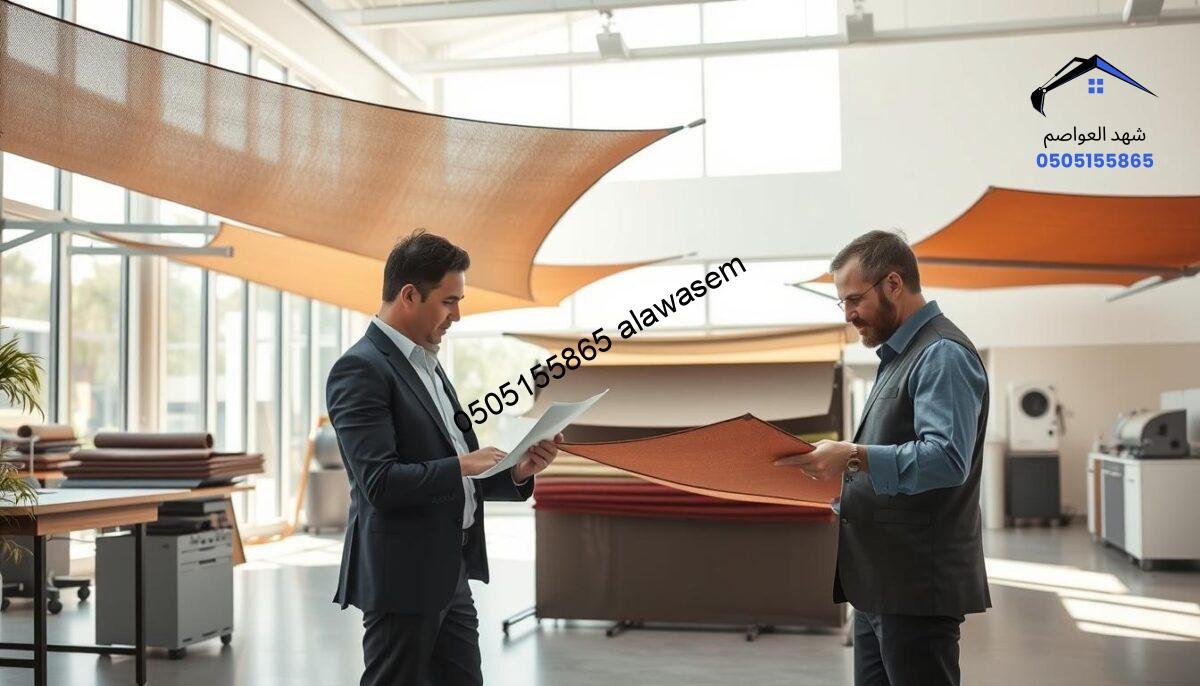 A modern, sophisticated quality assurance lab focused on home shade structures, with a bright, airy atmosphere. In the foreground, a team of two professionals in smart, casual attire, inspecting samples of durable fabric used for outdoor canopies. The middle ground features various shade structures in an organized display, showcasing their diverse colors and textures. Soft natural lighting filters through large windows, creating a warm, inviting ambiance. In the background, a clean, minimalist workspace is visible with equipment for quality testing, contributing to the sense of professionalism and attention to detail. The overall mood is one of diligence and trust in quality craftsmanship, emphasizing the importance of reliability in home outdoor solutions.