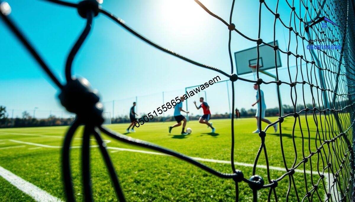 A modern sports field surrounded by advanced mesh fencing system, showcasing various types of sports nets designed for different games like soccer and basketball. In the foreground, focus on a close-up of the sturdy, high-quality netting with a vibrant green field beyond. The middle ground features players in professional sports attire practicing, demonstrating the use of the nets in action. The background shows a clear blue sky with bright, natural sunlight illuminating the scene. Capture this from a low angle to emphasize the scale of the nets and the athleticism of the players. The mood should evoke a sense of energy and innovation, highlighting the contemporary technology used in sports facilities today.