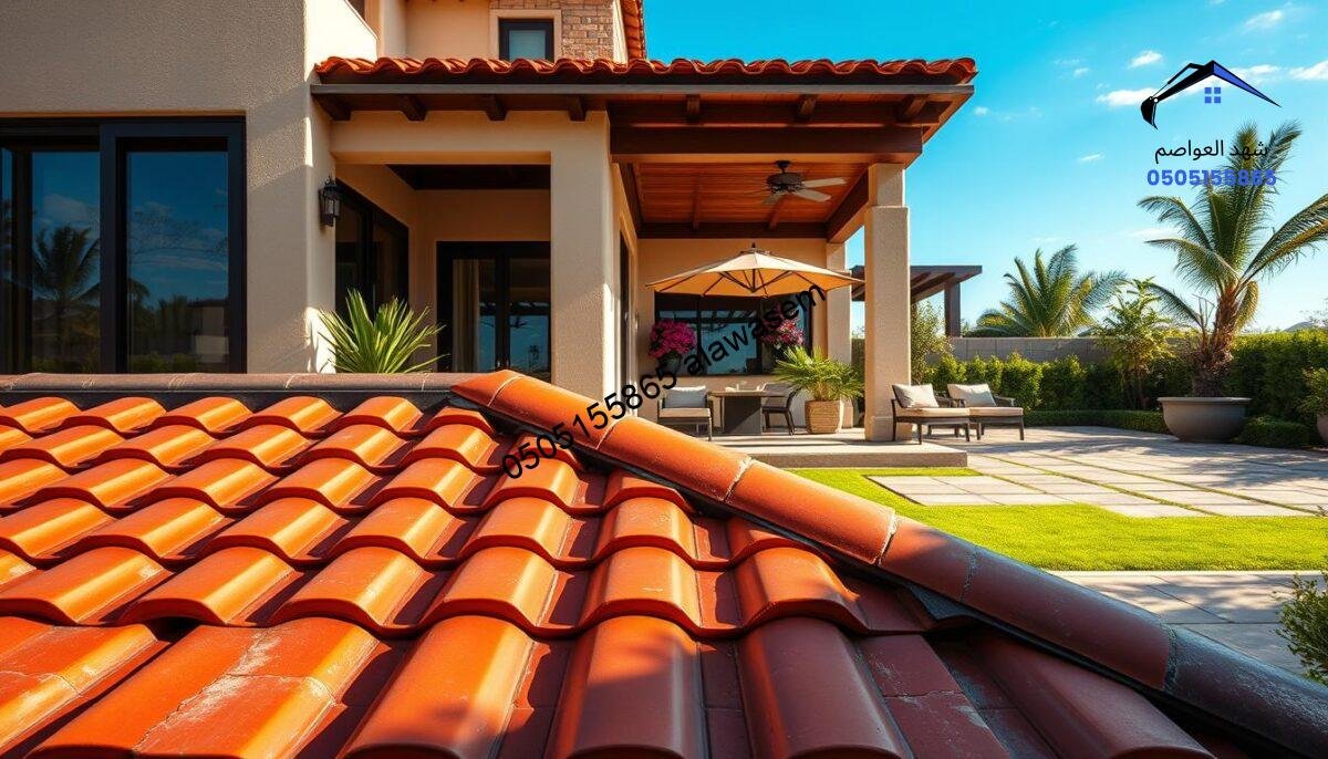 A modern tile design showcasing an elegant, contemporary Spanish roof tile, prominently displayed in the foreground. The tiles are a striking blend of deep reds and earthy tones, arranged in a geometric pattern that emphasizes symmetry and clean lines. In the middle ground, a beautifully landscaped patio is adorned with lush greenery and stylish outdoor furniture, reflecting a lifestyle of sophistication and comfort. The background features a bright blue sky, accentuating the warm sunlight that casts soft shadows across the tiles, creating a vibrant atmosphere. The scene is captured from a slightly elevated angle, allowing a comprehensive view of the modern design elements while maintaining a polished, inviting ambiance. The overall mood is one of elegance and modernity, perfectly suited for illustrating modern tile design.