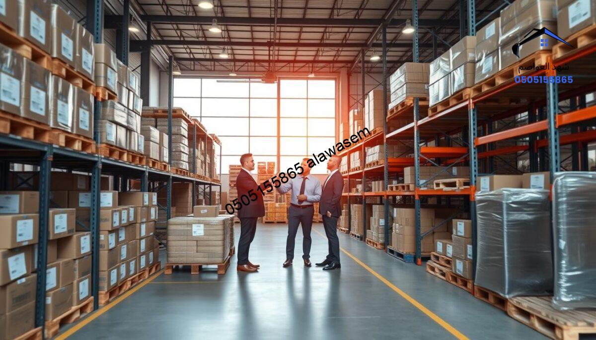 A modern warehouse with a spacious and organized layout, showcasing various storage solutions and equipment designed for efficiency. In the foreground, highlight metal storage racks filled with neatly labeled boxes and pallets, symbolizing the advantages of using warehouse sheds. In the middle, include a team of professionals in business attire, collaborating and discussing logistics while pointing at a large screen displaying inventory data. The background features large windows allowing natural light to flood the space, creating a bright and productive atmosphere. Capture this scene from a slightly elevated angle to provide a comprehensive view of the warehouse's interior. The overall mood is one of professionalism, orderliness, and innovation, illustrating the benefits of utilizing warehouse sheds effectively.