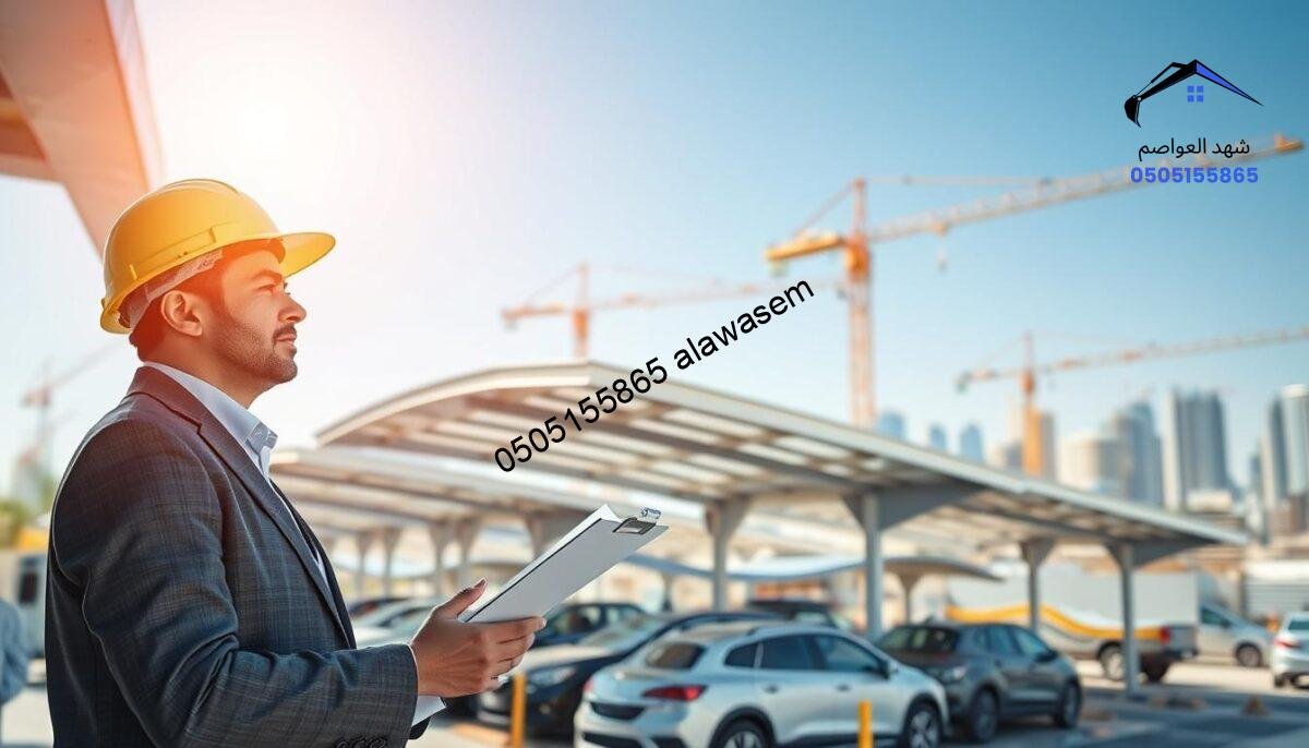 A modern, well-organized construction site focused on quality assurance in the installation of car canopies in Riyadh. In the foreground, showcase a skilled project manager, dressed in professional business attire, inspecting the installation process with a clipboard in hand. In the middle ground, various car canopies are being expertly installed, highlighting their durability and design. The background features a clear blue sky and the urban skyline of Riyadh, with cranes and construction materials indicating ongoing work. The lighting is bright and clear, suggesting a sunny day. Capture a sense of professionalism and dedication to quality, with a focus on teamwork and meticulous attention to detail in execution.