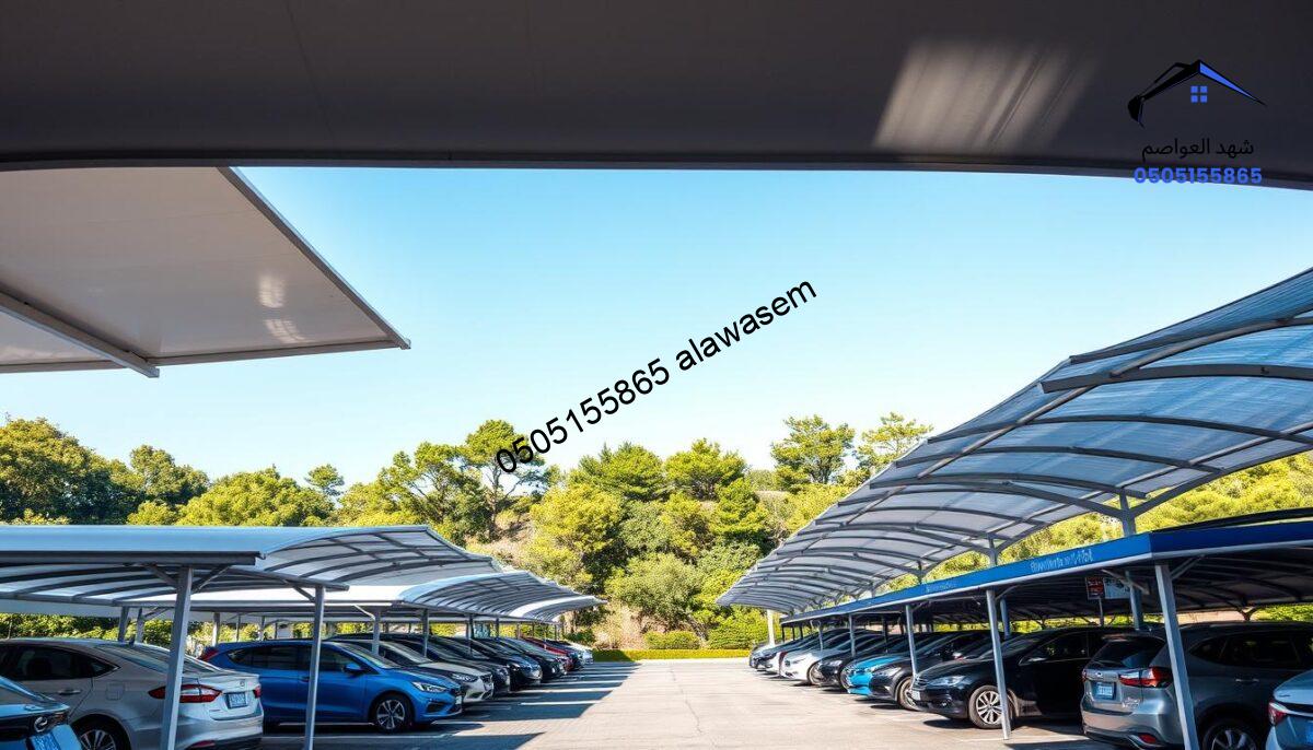 A multitude of carport canopies (مظلات السيارات) made from durable PVC material, beautifully arranged in a parking area. In the foreground, showcase a few individual canopies with sleek, modern designs and varied colors—including white, blue, and gray. The middle ground features rows of cars parked beneath these protective covers, demonstrating their functionality. The background includes a lush landscape with trees and a clear blue sky, enhancing the overall brightness. The lighting is natural and warm, suggesting a sunny day, creating an inviting atmosphere. Capture the scene from a slightly elevated angle to provide a comprehensive view, emphasizing the variety and utility of these carports. The image is clean and professional, free of any text or logos.