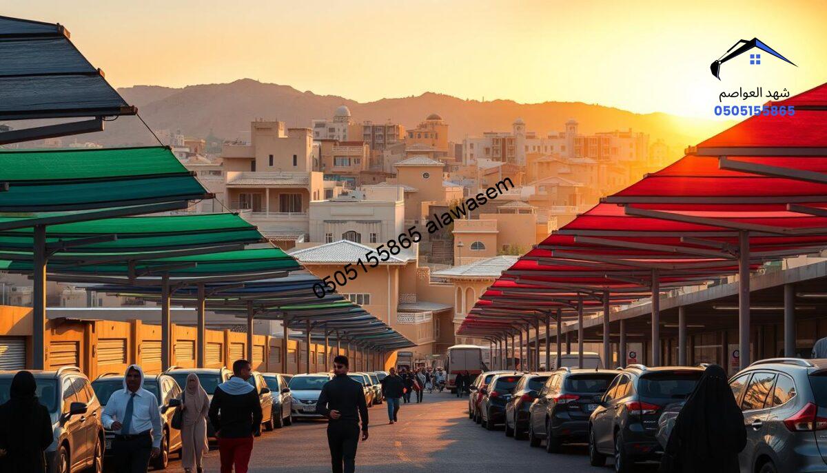 A panoramic view of the neighborhoods of Riyadh, showcasing a variety of affordable car parking canopies. In the foreground, a bustling street features families and individuals in professional attire and modest casual clothing walking under colorful canopies, with parked cars below. The middle ground includes a diverse mix of traditional and modern architecture, typical of Riyadh, blending seamlessly with the car parking structures. In the background, the sun sets, casting a warm golden light across the scene, enhancing the vibrancy of the canopies. Soft shadows stretch across the street, creating a welcoming atmosphere. The image captures a sense of community and accessibility in urban spaces, highlighting the essential services available to residents.