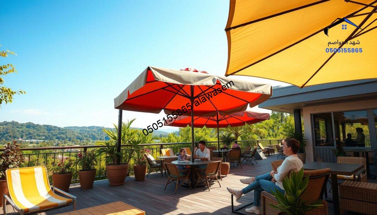 A picturesque outdoor space featuring comfortable, stylish canopies and umbrellas designed for rooftops and patios. In the foreground, vibrant lounge chairs beneath a large, elegantly draped umbrella showcase the inviting atmosphere. The middle ground highlights a family enjoying a meal under a smaller, colorful canopy, surrounded by potted plants and tasteful decorations. In the background, lush greenery and a clear blue sky create a serene ambiance. Soft, warm sunlight bathes the scene, enhancing the inviting mood, reminiscent of a sunny afternoon. Use a wide-angle lens to capture the spaciousness and warmth of the setting, focusing on the joy and satisfaction of the customers enjoying their outdoor experience.