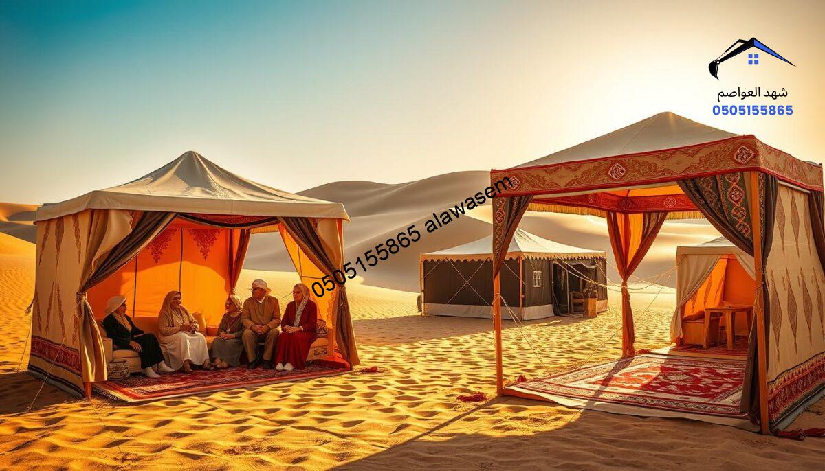 A picturesque scene showcasing the benefits of traditional and modern Bedouin tents (بيوت الشعر) in a serene desert landscape. In the foreground, a beautifully crafted tent is adorned with intricate patterns and vibrant textiles, inviting onlookers to appreciate its craftsmanship. To the left, a family gathers comfortably inside, dressed in modest, professional attire, enjoying the shade and ambiance. The middle ground features additional tents displaying their use for various activities, such as social gatherings and relaxation. In the background, rolling sand dunes under a bright blue sky create a warm and inviting atmosphere. Soft, golden lighting enhances the scene, evoking a sense of cultural richness and connection to heritage. The overall mood is peaceful and harmonious, reflecting the advantages of incorporating such tents into daily life.