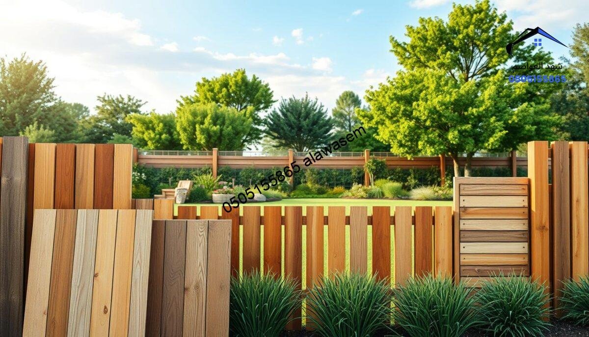 A picturesque scene showcasing wooden barriers (سواتر خشبية) in a serene outdoor setting. Foreground: various styles of wooden panels, from rustic to modern, highlighting their texture and natural grain patterns, arranged in a way that emphasizes their functionality and aesthetic appeal. Middle ground: a landscaped garden setting with lush greenery, contrasting the warm tones of the wood. Background: a clear blue sky with soft, white clouds to create a peaceful atmosphere. The scene should be illuminated with soft, natural sunlight filtering through the trees, casting gentle shadows that enhance the textures of the wood. Capture this scene from a slight elevation, using a wide-angle lens to emphasize depth, inviting viewers to compare these wooden barriers with potential alternatives in landscaping.
