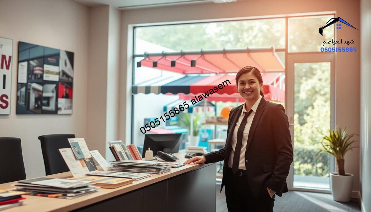A professional and inviting office environment showcasing an after-sales service desk related to PVC canopies. In the foreground, a friendly customer service representative in smart business attire stands next to a sleek, modern desk cluttered with brochures and samples of PVC canopies. The middle ground features a large, bright window displaying various colorful PVC canopies in different styles and sizes, providing a backdrop that emphasizes the product range. The background has a hint of greenery visible outside, enhancing the welcoming atmosphere. Soft, natural lighting streams in, casting warm highlights that create a positive and engaging mood. The image captures a sense of professionalism and approachability, inviting customers to connect for after-sale inquiries.