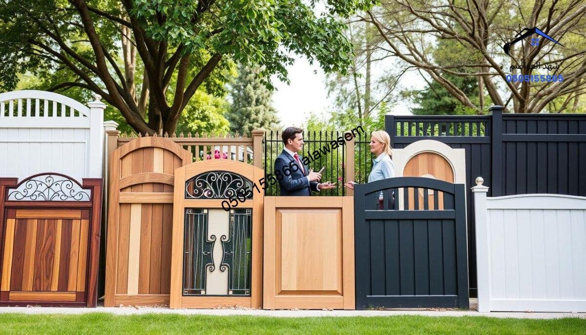 A professional and inviting scene showcasing various custom fence designs tailored for specific needs. In the foreground, several elegantly designed fence panels display diverse materials such as wood, metal, and vinyl. Each panel features unique shapes and colors, highlighting versatility. The middle ground features a consultation area with a business person in professional attire discussing options with a client, both engaged and friendly. In the background, a serene garden setting with trees and flowers enhances the natural beauty of the designs. The atmosphere is bright with soft, natural daylight illuminating the scene, captured from a slightly elevated angle to convey depth and perspective. The overall mood is one of creativity, professionalism, and customer satisfaction.
