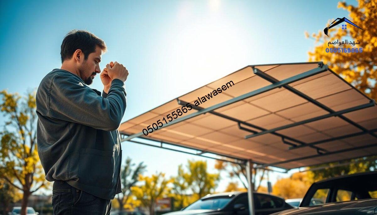 A professional automotive technician working diligently on installing a car canopy in a sunny outdoor setting. In the foreground, depict the technician, dressed in smart work attire, focusing on securing the structure. In the middle ground, illustrate a partially completed car canopy, showcasing its intricate design and high-quality materials. Bright sunlight casts soft shadows, creating a warm, inviting atmosphere. In the background, a clear blue sky contrasts beautifully with the vibrant colors of trees and nearby vehicles under the canopies. The scene conveys a sense of expertise and pride in craftsmanship, highlighting the importance of quality in car shade installations. The composition should be dynamic, capturing the technician's concentration and the canopies' architectural details.