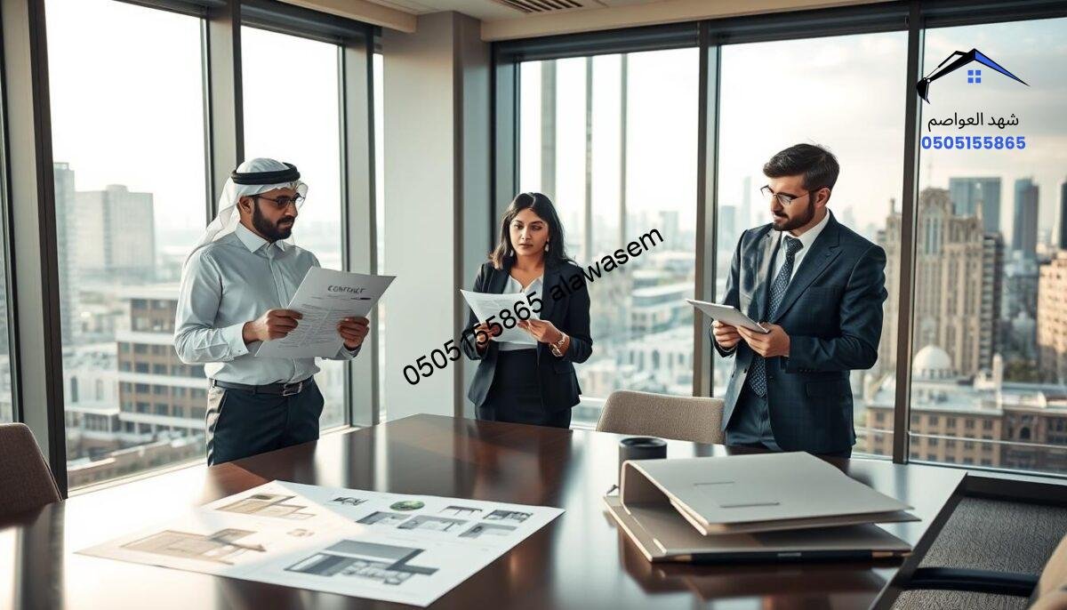 A professional business meeting in a modern office setting, showcasing a diverse group of people discussing contracts. In the foreground, a diverse group of three professionals in business attire – a Middle-Eastern man presenting a contract, a South Asian woman reviewing documents, and a Caucasian man taking notes. In the middle ground, a sleek conference table with architectural plans and samples of stylish shades and canopies prominently displayed. The background features large windows with natural light flooding in, revealing a city skyline. The atmosphere is collaborative and focused, emphasizing teamwork and professionalism, with soft, warm lighting to create a welcoming environment. The angle is slightly above, capturing the interaction while ensuring the setting is clear and engaging.