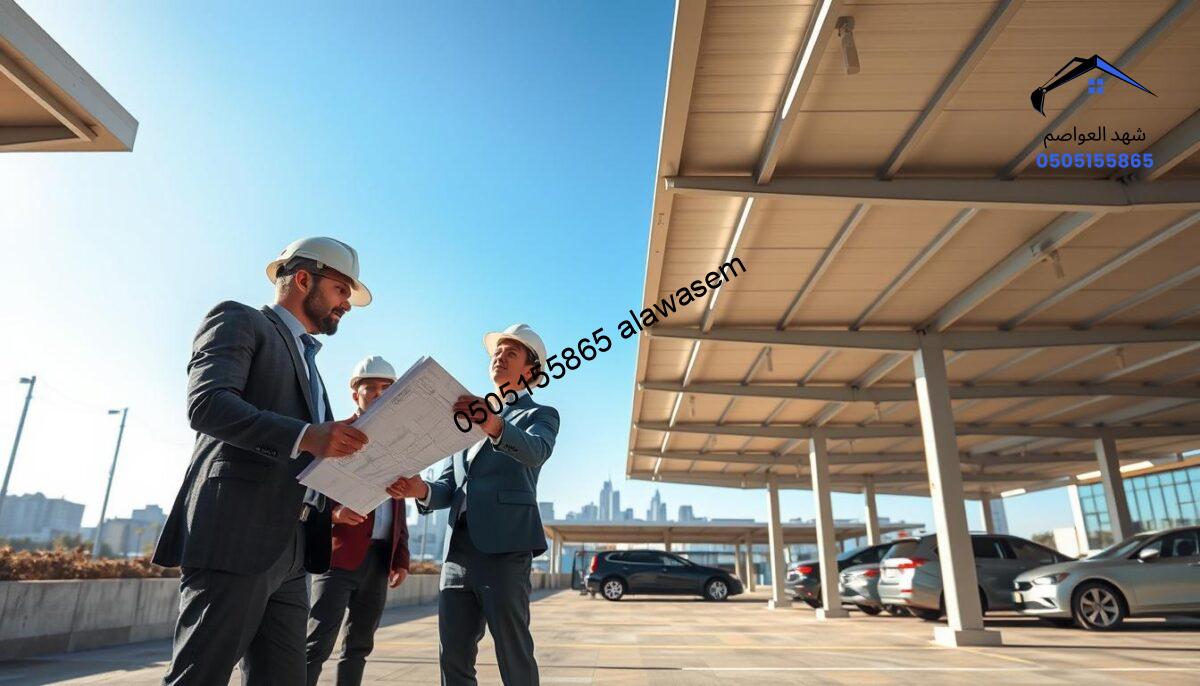 A professional construction site showcasing high-quality execution in the building of affordable car parking canopies. In the foreground, there are skilled workers in business casual attire, meticulously inspecting the structural integrity of a canopy, using blueprints and tools. In the middle, well-constructed car parking canopies made of sturdy materials provide shade for parked vehicles, illustrating durability and attention to detail. The background features a clear blue sky and a modern cityscape, emphasizing a clean and efficient environment. The lighting is bright and natural, creating a vibrant atmosphere that conveys professionalism and quality assurance in construction practices. The camera angle is slightly elevated, capturing the overall scene while focusing on the elements of quality execution in the project.