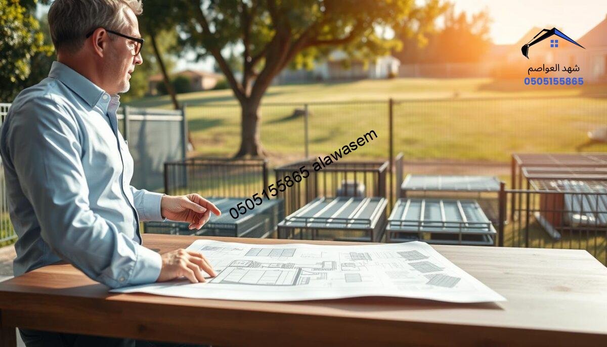 A professional consultation scene depicting a business meeting outdoors focused on fencing and security solutions. In the foreground, a confident business consultant, dressed in professional attire, is engaged in conversation with a client, pointing toward a detailed blueprint of fencing designs laid out on a table. The middle ground features various types of security fences and enclosures displayed neatly, showcasing their sizes and styles. In the background, a sunny landscape with fenced properties gives context to security measures. Soft, natural lighting enhances the inviting atmosphere, while a wide-angle lens captures the breadth of the scene, emphasizing the significance of free consultations. A sense of professionalism and collaboration permeates the image.