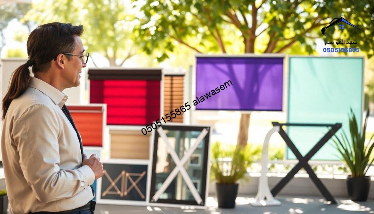 A professional consultation scene showcasing an elegant "X-Frame Shade" installation. In the foreground, a knowledgeable consultant, dressed in smart business attire, discusses design options with a potential client, both engaged in conversation. The middle ground features various stylish X-Frame shades in vibrant colors and modern designs, emphasizing versatility. The background includes a bright outdoor setting with gentle sunlight filtering through trees, casting soft shadows on the ground. The atmosphere is informative and inviting, highlighting the importance of free consultations. The lens captures a warm ambiance with a slight depth of field, focusing on the interaction and the shades, ensuring a clear representation of the product's appeal.