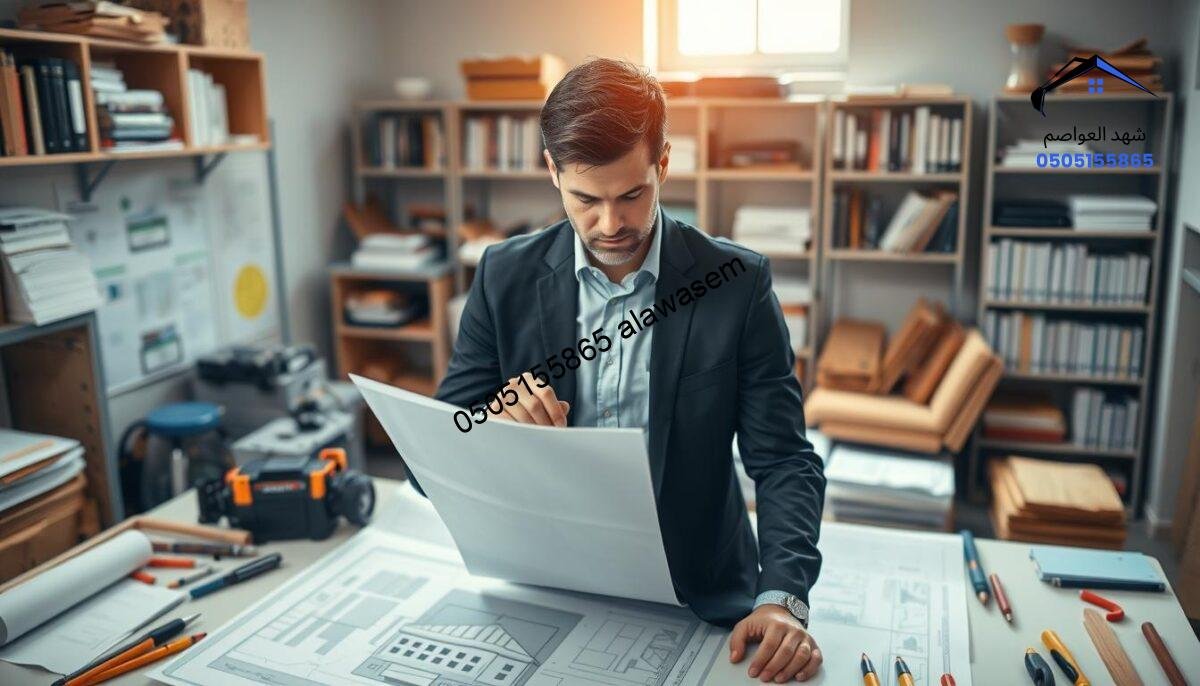 A professional indoor workspace featuring a neatly organized desk with architectural plans of home shelters in front, surrounded by tools and materials relevant to construction. In the foreground, a business professional, dressed in smart casual attire, is intently examining the plans, demonstrating dedication to professionalism. The middle layer includes a well-lit workstation with natural light filtering through a window, enhancing the inviting atmosphere of diligence and commitment. In the background, there are shelves filled with books and resources on design and construction, symbolizing continuous learning. The overall mood is focused and productive, conveying a strong sense of professionalism and commitment to quality in home shelter design. The scene is captured with a slight overhead angle, providing a comprehensive view of the work environment.
