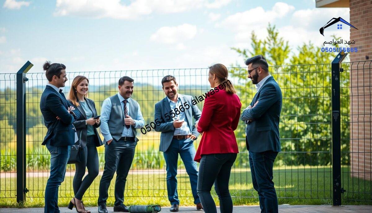 A professional, modern outdoor setting showcasing satisfied customers interacting with a newly installed security fence around a property. In the foreground, a diverse group of three clients, dressed in smart-casual clothing, are inspecting the quality of the fence, discussing its features with a knowledgeable salesperson. The middle ground features a well-constructed security fence made of sturdy metal, with intricate details visible, such as locking mechanisms and sturdy posts. In the background, a scenic view of lush greenery and a clear blue sky creates a positive atmosphere. Soft, natural lighting casts gentle shadows, enhancing the scene's depth. The mood is one of satisfaction and trust, reflecting positive customer experiences and the effectiveness of security solutions.