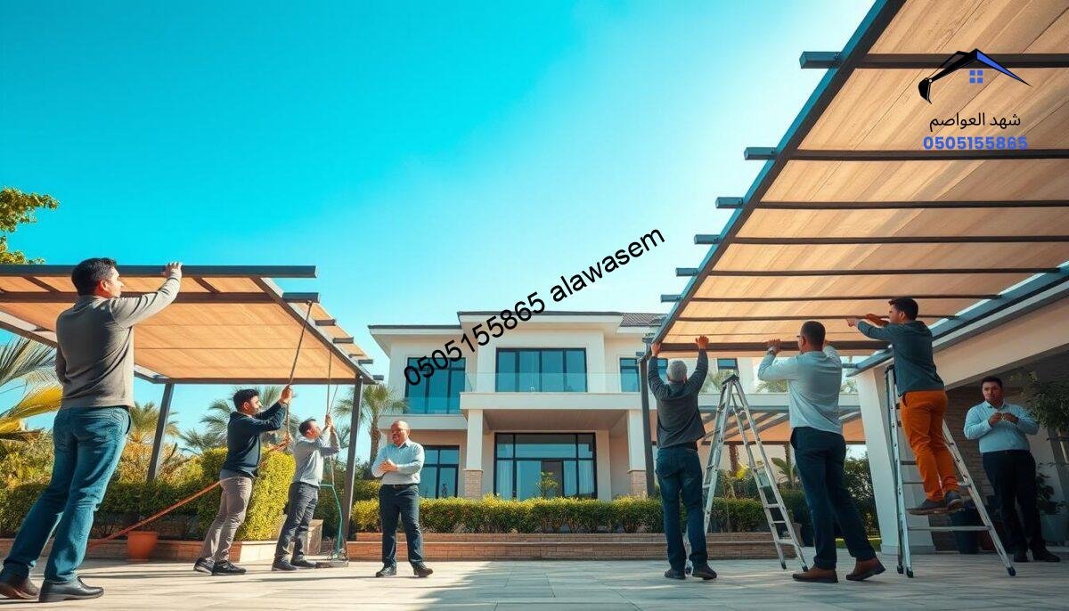 A professional outdoor scene showcasing a skilled team installing attractive and durable shade structures (سواتر) around a modern villa. In the foreground, a diverse group of workers wearing professional attire is diligently securing the frames of the shade structures. The middle ground reveals the elegant villa with stylish architecture, framed by lush greenery. In the background, a clear blue sky enhances the serene atmosphere, with soft sunlight illuminating the scene, casting gentle shadows. The angle is slightly low to emphasize the height and elegance of the shade structures, highlighting their intricate design. The overall mood is one of professionalism and craftsmanship, illustrating the quality service provided by a dedicated installation team.