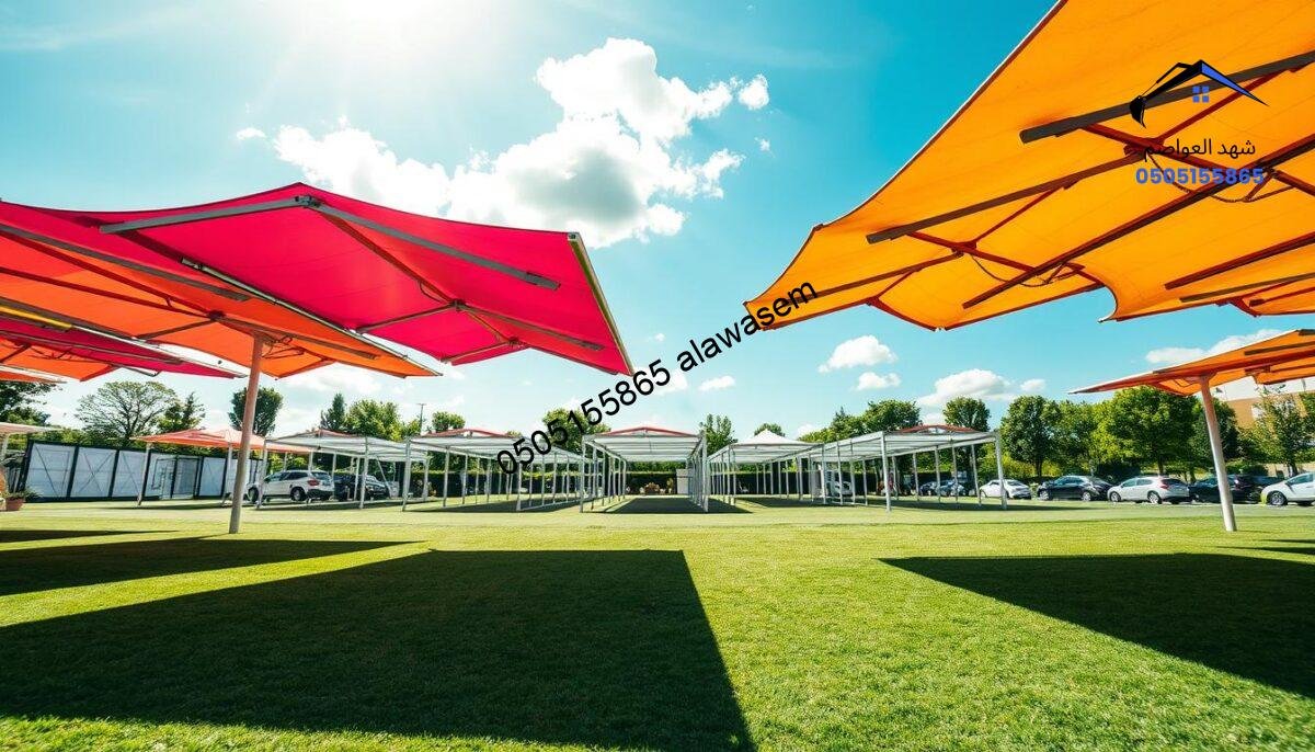 A professional outdoor setting showcasing an array of X-frame canopies. In the foreground, several elegantly designed X-frame shelters with vibrant colors are displayed, casting soft shadows on the ground. The middle ground features a variety of configurations of these canopies, highlighting their versatility. In the background, a clear blue sky with a few fluffy clouds enhances the serene atmosphere. The scene is illuminated by natural sunlight, creating a warm and inviting mood. Use a wide-angle lens to capture the breadth of the setup while maintaining a focus on the intricate details of the X-frame structures. The image conveys an organized and professional aesthetic, perfect for illustrating the modern functionality of X-frame canopies.