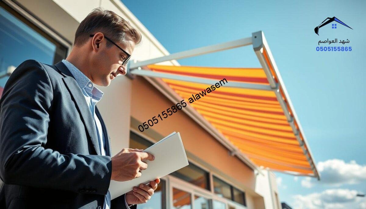 A professional quality assurance inspector examines a retractable awning installation in a bright, sunlit outdoor setting. In the foreground, a well-dressed individual in a business suit is reviewing an awning's materials and mechanics, clipboard in hand. The middle ground features a partially extended fabric awning, showcasing vibrant colors and a sturdy frame being installed on a modern building's facade. The background reveals a clear blue sky, with a few fluffy clouds to enhance the serene atmosphere of a quality assurance inspection. The image is bright and inviting, with soft, natural lighting emphasizing the textures of the fabric and metal components. The angle is slightly elevated, capturing the entire installation process and complementing the section's focus on quality assurance during retractable awning installations.