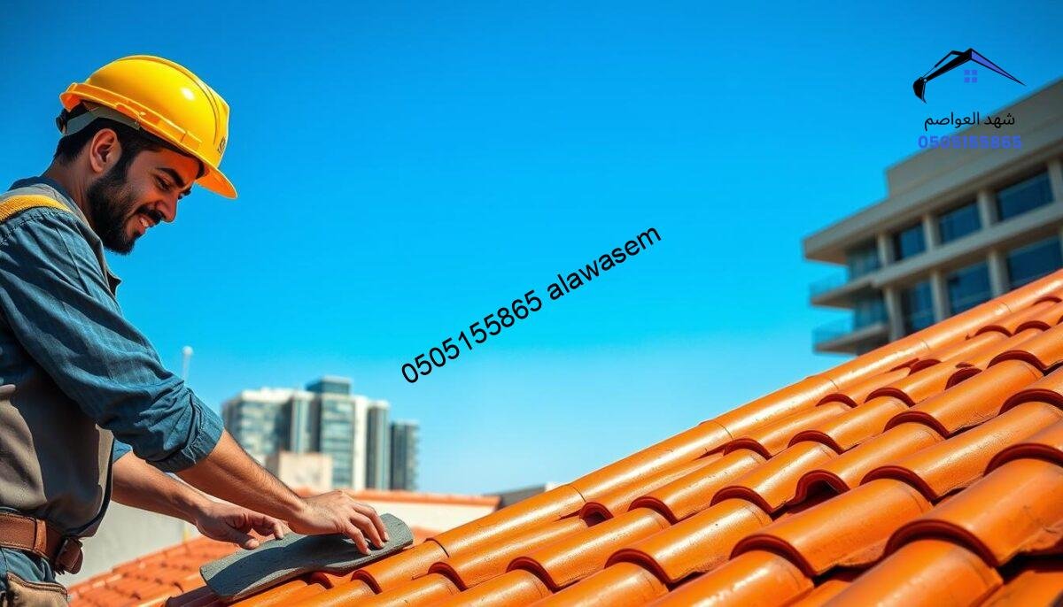 A professional scene depicting a skilled worker installing Spanish roof tiles in Riyadh. In the foreground, a focused worker in a safety helmet and professional attire lays the tiles with precision, showcasing the craftsmanship involved. The middle ground features a partially completed roof with vibrant terracotta tiles glistening under the bright sun. In the background, a clear blue sky complements a modern urban setting, emphasizing the contemporary architecture of Riyadh. The lighting is bright and natural, highlighting the textures of the tiles and the worker's concentration. The atmosphere is industrious and cheerful, reflecting a successful construction project.