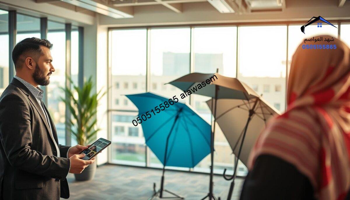 A professional setting showcasing a free consultation on car umbrellas in Riyadh. In the foreground, a confident and approachable consultant in smart casual attire is engaging with a client, using a tablet to illustrate options. In the middle ground, several stylish car umbrellas are displayed prominently, highlighting their designs and features. The background features a modern office space, with large windows allowing natural light to fill the room, creating a bright and inviting atmosphere. Soft shadows and warm tones emphasize a friendly and welcoming mood. The angle captures both the consultant and the umbrellas, inviting viewers to imagine the consultation experience.