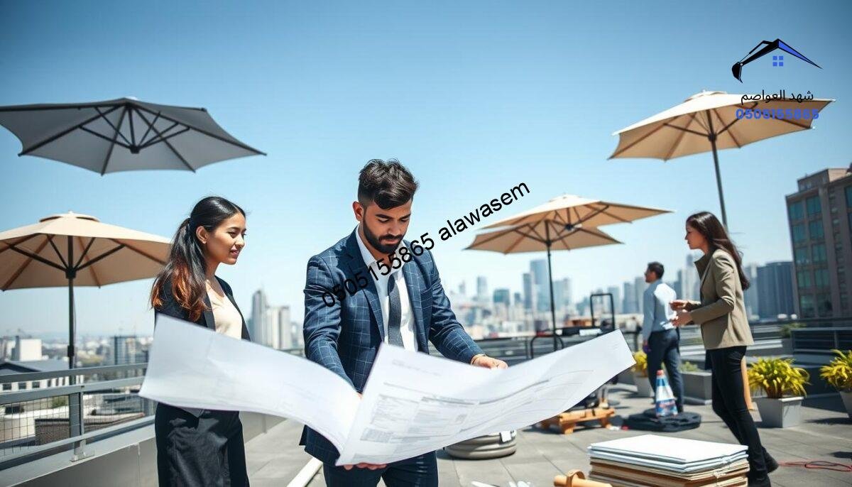 A professional team working diligently on an outdoor rooftop project. In the foreground, two individuals in business attire collaborate over blueprints and materials, showcasing a spectrum of diversity in gender and ethnicity. The middle ground features a rooftop adorned with stylish outdoor umbrellas, providing shade, while workers focus on installation and assembly. In the background, a city skyline stretches under a clear blue sky, emphasizing the urban setting. Natural sunlight bathes the scene, casting soft shadows that enhance the atmosphere of productivity and teamwork. The image captures a vibrant and dynamic environment, reflecting professionalism and expertise in outdoor solutions.