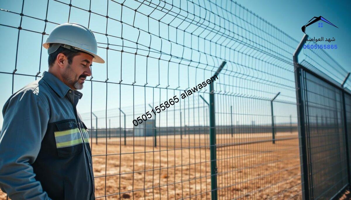 A professional technician inspecting a sturdy, well-constructed security fence installation, demonstrating the assurance of quality and protection. In the foreground, the technician, dressed in a crisp uniform with a safety helmet, examines the strong wire mesh and reinforced posts closely. The middle ground shows an expansive area of securely fenced land with various types of fencing solutions harmoniously integrated, showcasing options like chain-link, barbed wire, and solid panel designs. In the background, a clear blue sky enhances the sense of security and reliability. Soft, natural lighting casts gentle shadows, creating an inviting yet professional atmosphere that conveys trust and assurance in fence installations.