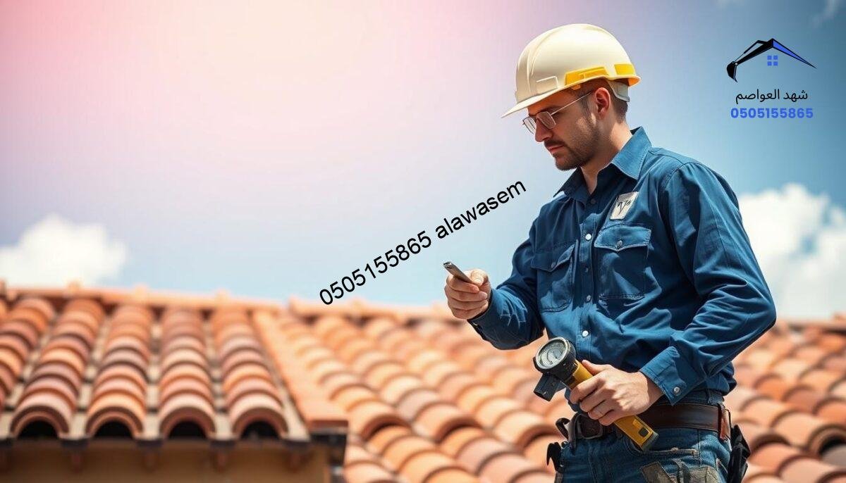 A professional technician inspecting and repairing Spanish roof tiles on a home. In the foreground, the technician, wearing a blue shirt and safety helmet, is carefully analyzing the tiles with tools in hand. The middle ground shows a section of the roof featuring various Spanish-style tiles, highlighting some areas that require maintenance. In the background, there are clear blue skies and a few fluffy clouds, indicating a bright, sunny day. The lighting is warm and natural, enhancing the colors of the tiles and the surrounding environment. The overall atmosphere conveys professionalism and diligence, focusing on the importance of proper tile maintenance after installation.