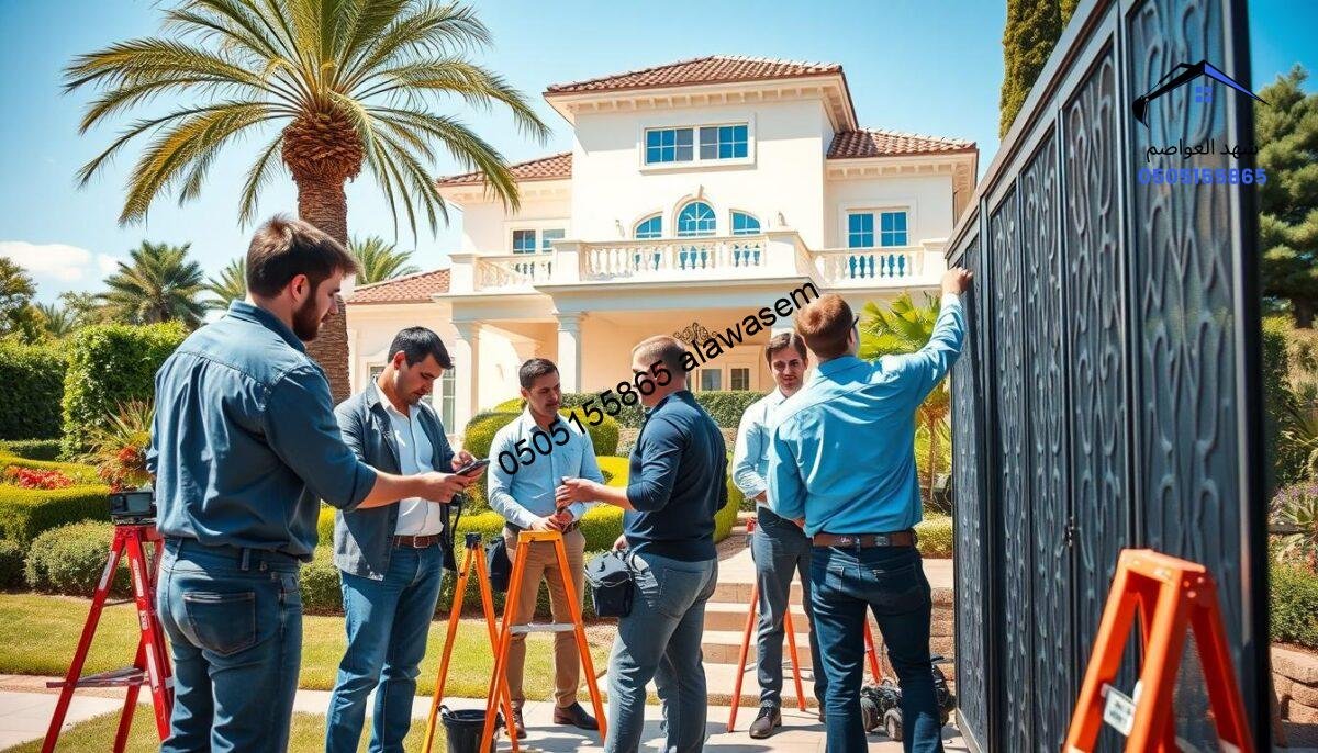 A professional work team installing decorative screens for villas and homes, portrayed in a bright, outdoor setting. In the foreground, a diverse group of individuals in business casual attire is actively engaged in the installation process, using tools and discussing strategies. The middle ground features partially installed screens, showcasing intricate designs and craftsmanship. The background includes a beautiful villa with a well-kept garden, bathed in warm, natural light indicating a sunny day. The mood is focused and collaborative, emphasizing professionalism and expertise. The image should be captured from a slightly elevated angle, giving a comprehensive view of the scene while ensuring a clean composition without any text or watermarks.